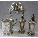 A WHITE METAL TANKARD and a collection of similar items