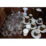 A COLLECTION OF GLASSWARE to include decanters and a Vintage Branksome China coffee set