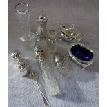 A COLLECTION OF CUT GLASS PERFUME BOTTLES and a plated cruet set