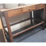 A 19TH CENTURY RUSTIC COUNTRY MADE TABLE, on square legs, fitted a single drawer, 103cm wide