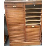 A MAHOGANY TAMBOUR FRONT DOUBLE FILING CABINET, 90cm wide (key in office)