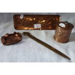 AN ARTS & CRAFTS COPPER PEN TRAY embossed with fish, in the style of Newlyn and similar metalware