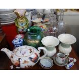 AN ART GLASS GREEN AND GILT DECORATED VASE, two glass decanters and mixed ceramics