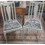 A SET OF FOUR DINING CHAIRS WITH DISTRESSED GREY PAINTED FINISH and vintage French sacking style