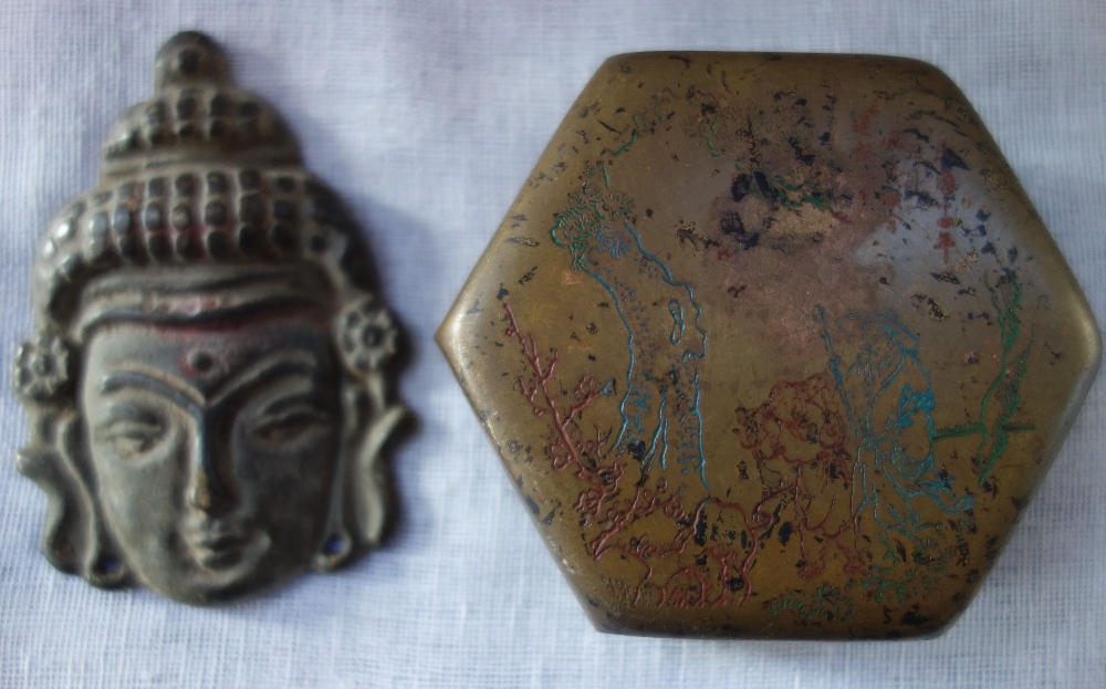 A CHINESE INSCRIBED HEXAGONAL COPPER LIDDED INK BOX and a Tibetan bronze Bodhisattva plaque (2)