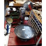 A CHROME SHAVING MIRROR, a chrome bath tidy, Vintage kitchen scales and sundries