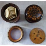 A VICTORIAN TUNBRIDGE WARE NUTMEG GRATER, similar wooden items and a collection of bone discs with