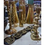 A PAIR OF VICTORIAN BRASS CANDLESTICKS, a similar spiral pair, two shell cases and similar