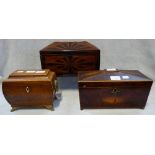 A REGENCY SARCOPHAGUS BURR YEW TEA CADDY with conch shell inlay, 29cm wide and two similar tea