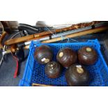 A COLLECTION OF VINTAGE LIGNUM VITAE BOWLING WOODS, walking sticks and a boxed fan