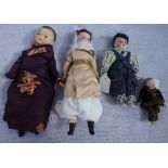 A COLLECTION OF BISQUE DOLL'S HEADS, with later bodies, to include a Japanese boy, stamped 'A.M.' (