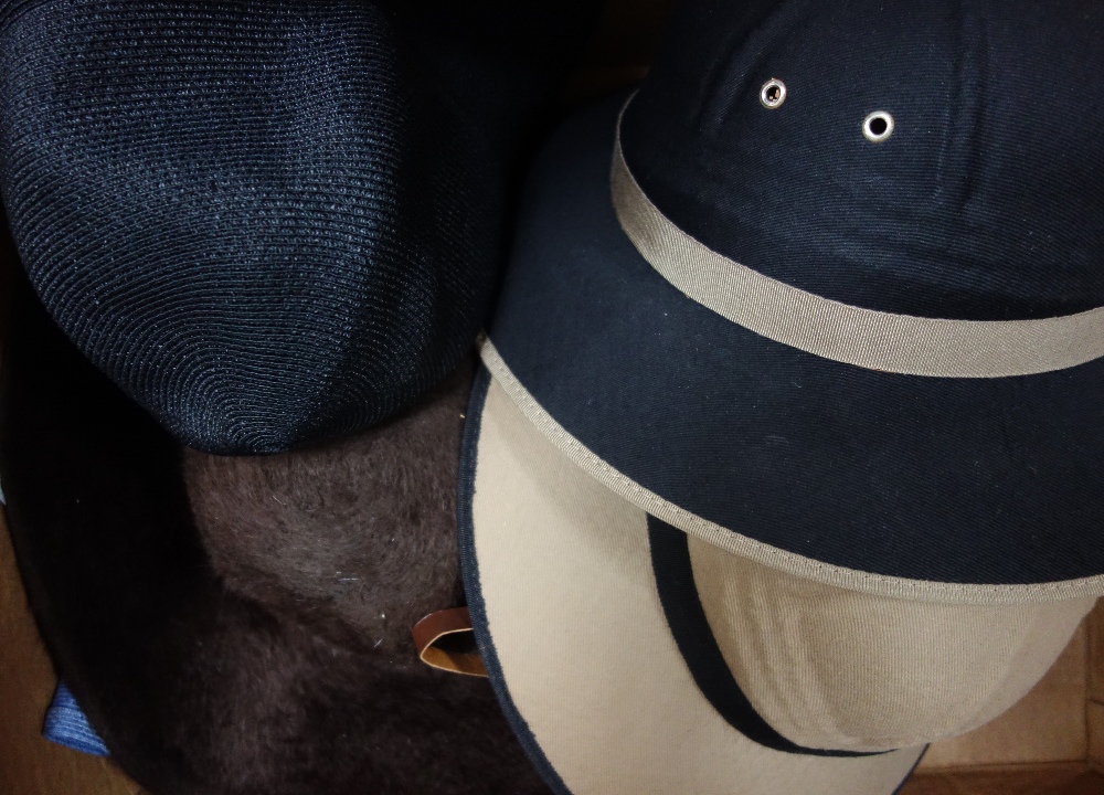 A COLLECTION OF LADIES VINTAGE HATS, to include two mock Colonial pith helmets