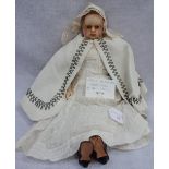 AN EARLY VICTORIAN WAX HEADED DOLL, with wax hands and bisque legs, 47cm high and a collection of