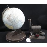 A VINTAGE MODEL STEAM ENGINE, 15cm high and a tin-plate globe by Chad Valley (2)