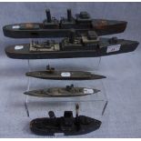 A CIRCA 1930S SCRATCH BUILT TOY BATTLESHIP, 40.5cm long and others similar