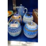 SHELLEY; FOUR BLUE JAM POTS and a hot water jug (5)