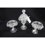 A VICTORIAN CUT GLASS PEDESTAL BOWL AND COVER with a pair of smaller comports (3)