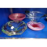 A MONART/NAZEING STYLE PINK BOWL, a Murano bowl and two similar dishes (4)