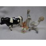 A BESWICK COW, 'C.H. Coddington Hilt Bar', two Lladro figures and a Beswick Mrs rabbit (4)