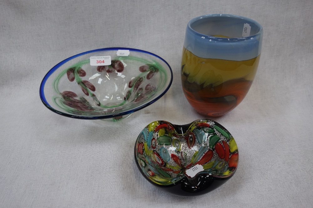 A STUDIO GLASS VASE, a similar dish and an art glass dish (3)