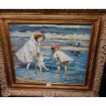 AN IMPRESSIONIST STYLE OIL ON CANVAS PAINTING of children playing in the sea, initialled "JWB" in