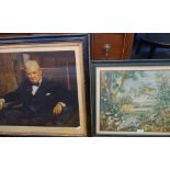 A PORTRAIT PRINT of Winston Churchill "We are all of us Defending a Cause" and a framed school