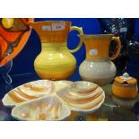 SHELLEY; AN ORANGE BANDED JUG, another similar, a dish and a mustard pot (4)