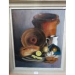 R HALLIEZ: Still life with bread crock and white jug, oil on canvas