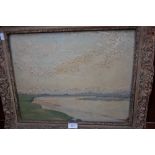 AN IMPASTO OIL ON PANEL PAINTING of a coastal scene in moulded and gilt frame