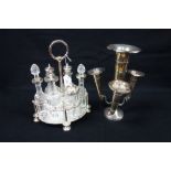 A SILVER PLATED CRUET with cut glass bottles and a plate epergne (2)