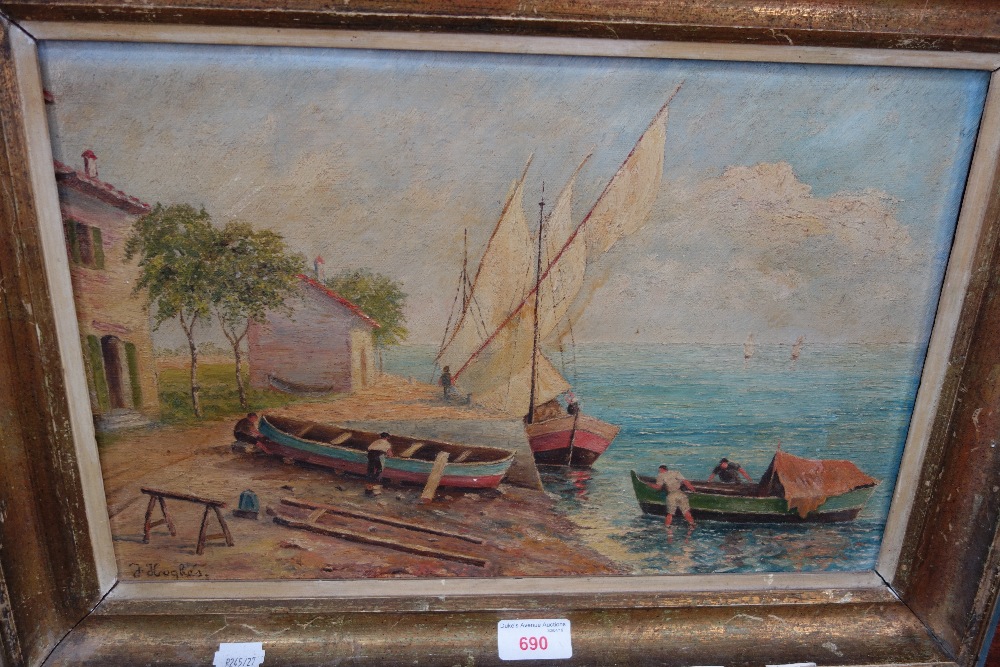J HUGHES: Mediterranean fishing scene, oil on canvas dated 1945
