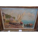 J HUGHES: Mediterranean fishing scene, oil on canvas dated 1945