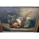 STILL LIFE WITH PHEASANT AND BRASS POT, oil on canvas, indistinctly signed