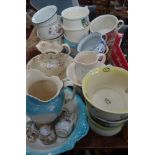 A LARGE COLLECTION OF VINTAGE CHAMBER POTS, three jug and bowl sets and some Japanese teaware