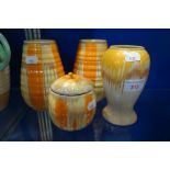 A PAIR OF SHELLEY VASES in orange a similar vase and a Shelley jam pot (4)