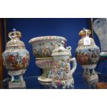 A COLLECTION OF DOCCIA STYLE CERAMICS, including a pair of urns with pierced covers, a tankard and