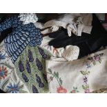 A COLLECTION OF VINTAGE LACE, a peacock tea cosy and sundries