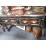 AN 18TH CENTURY OAK DRESSER with turned legs and moulded drawer fronts, 130cm wide