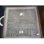 AN EARLY 19TH CENTURY ALPHABETIC SAMPLER, 'Harriet Humebell Aged 8 1835, 32cm high (within frame)