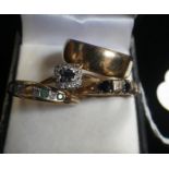 AN 18CT GOLD WEDDING BAND (6gm) and three dress rings set with various stones on gold shanks