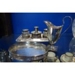 A 19TH CENTURY SILVER PLATED INK STAND, a plated jug and similar tray (3)