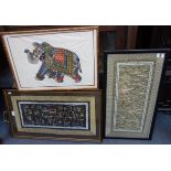 TWO FRAMED ORIENTAL NEEDLEWORKS and an Indian elephant (3)