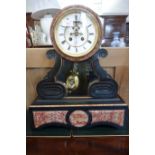 A LARGE VICTORIAN SLATE CASED MANTEL CLOCK with rouge marble panels, the white enamel dial