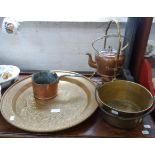 A 19TH CENTURY BRASS PAN with an iron swing handle and similar metalware