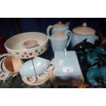 A COLLECTION OF POOLE POTTERY PALE BLUE AND PINK COFFEE WARE, three Poole animal figures and similar