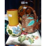 A VICTORIAN GLAZED TILE, two Longpark Torquay pottery jugs, a Watcombe pottery vase and a