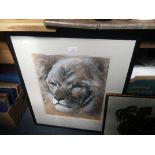 A CHALK STUDY OF A LION'S HEAD, signed "Baron 1978", with an embroidery of a leopard