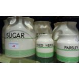 A SET OF 1930S 'KLEEN KITCHEN WARE' GREEN BANDED STORAGE jars, three large, Sugar, Flour and salt, a