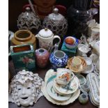 A COLLECTION OF DECORATIVE CERAMICS, two glass vases and a set of wooden coat hooks with an 'old