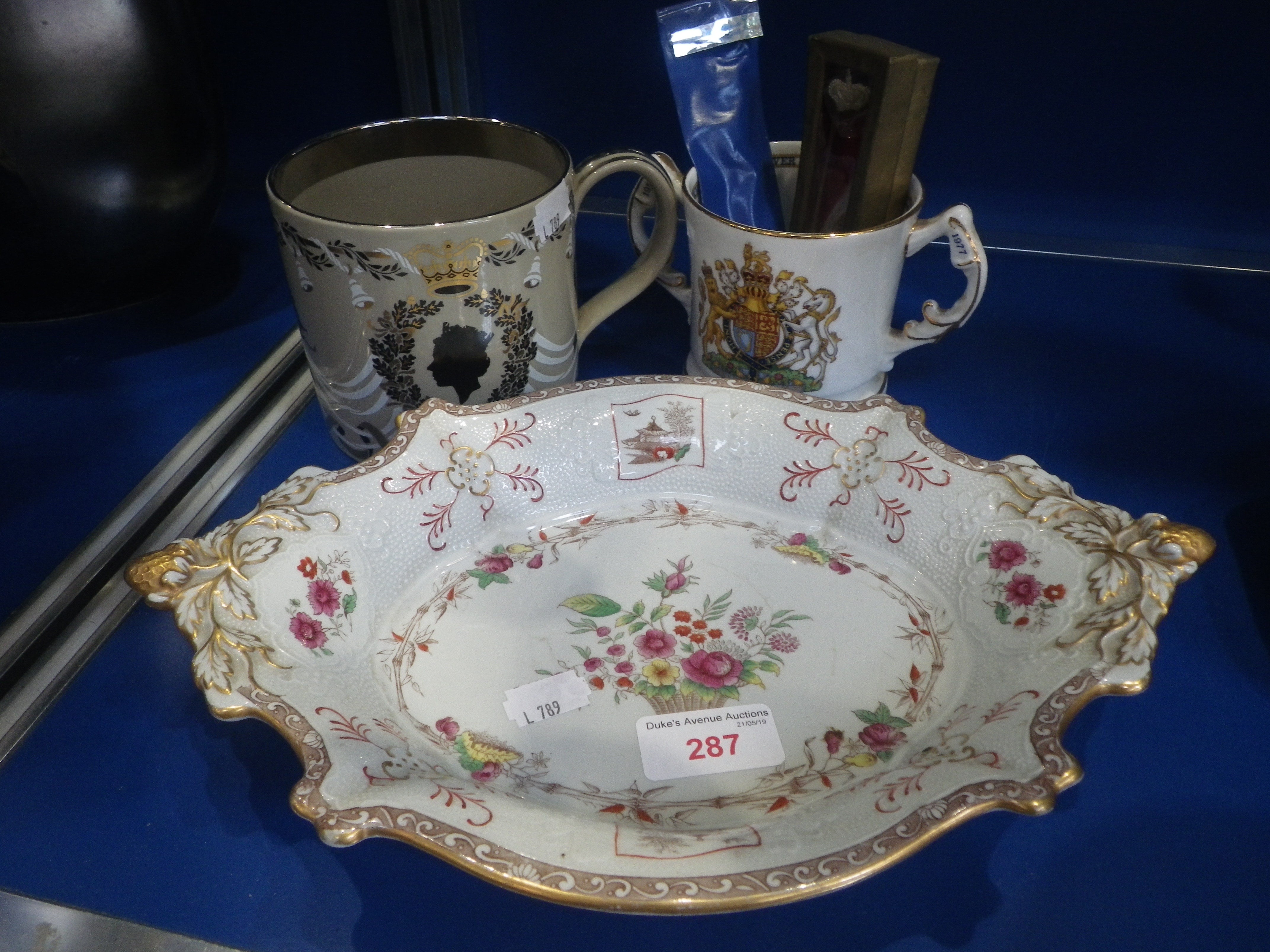 A SPODE DISH, a Wedgwood 25th anniversary mug and similar items